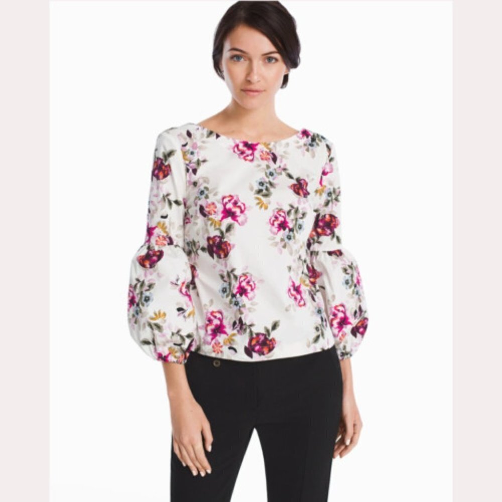 ✅ White House Black Market 3/4-Sleeve Poplin Floral Top/ Size‎ 10P